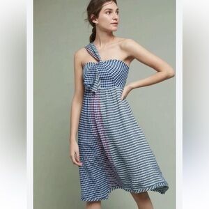 NWOT Anthropologie Maeve One Shoulder Blue Pink plaid Raw Hem Dress 6 Small S